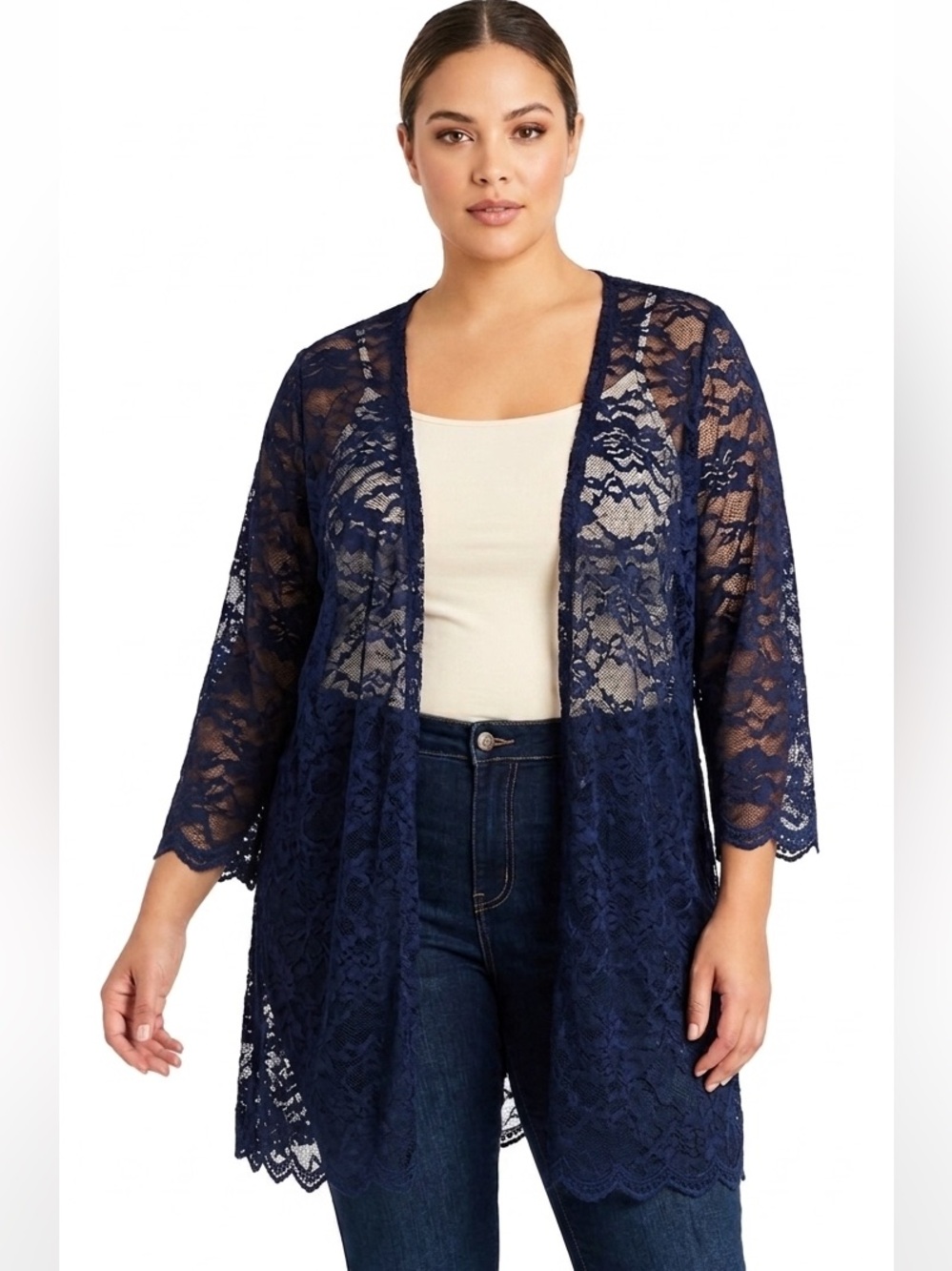 Slinky Dark Navy Lace Open Front Cardigan